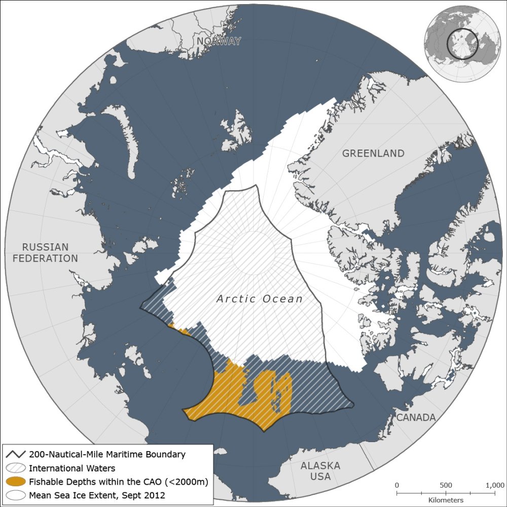 Central Arctic Ocean with sea ice and fishable depths