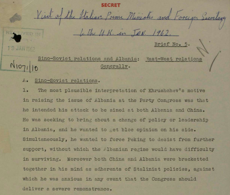 A British Foreign Office brief describing the Sino-Soviet split as well as Albania's international relations.