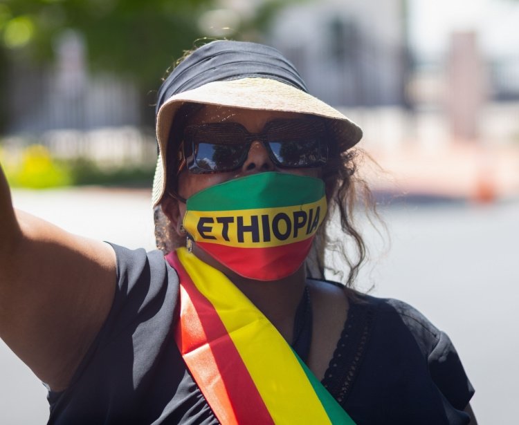 Protester gathers outside the Ethiopian Embassy in Washington, D.C.
