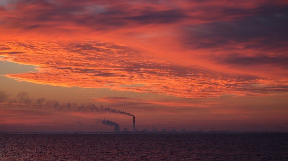 View from sunrise or sunset Zaporozhye nuclear power plant in Energodar, Ukraine