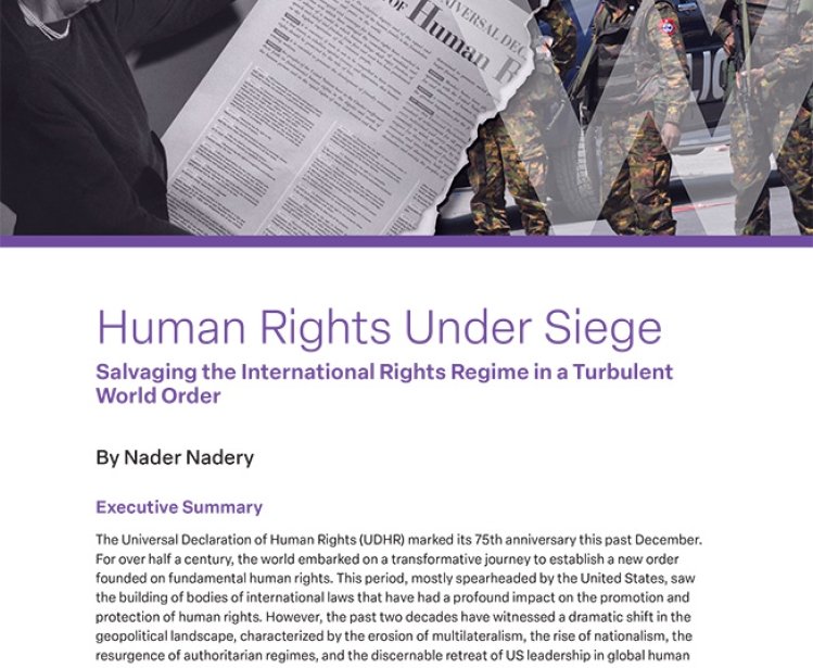 The cover of a report titled Human Rights Under Siege, with an image of Eleanor Roosevelt holding up the Universal Declaration of Human Rights.