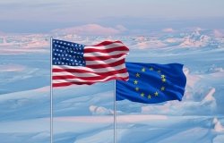 EU and US flag in front of ice