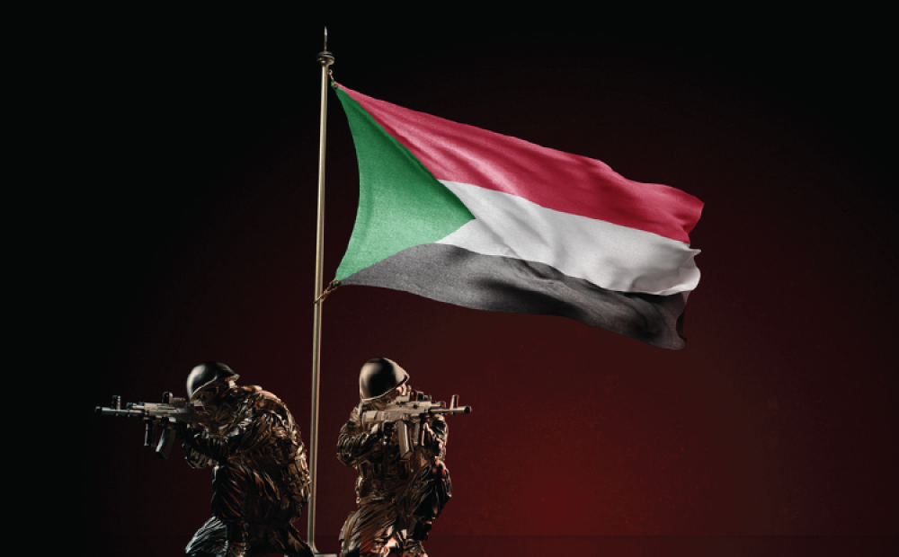 Concept of military conflict with soldier statues and waving national flag of Sudan