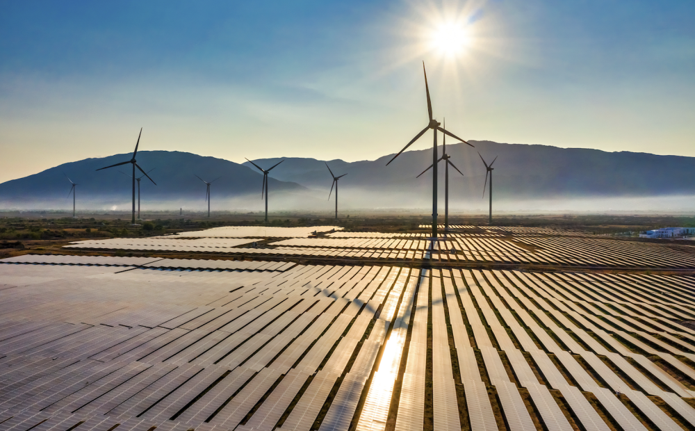 Aerial view of windmill and Solar panel