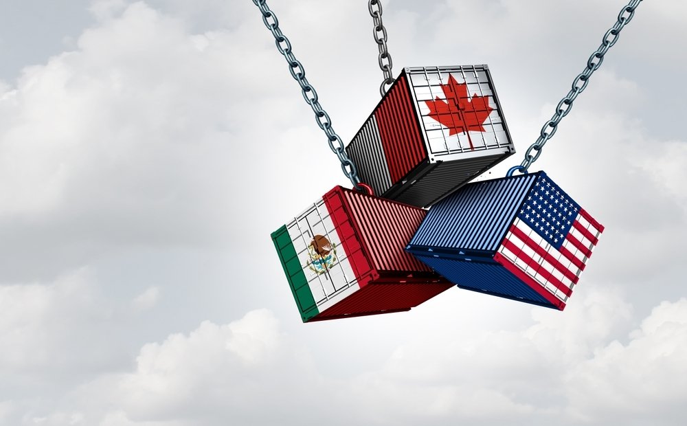 US Mexico And Canada Tariff War as a Mexican Canadian and American trade dispute as cargo containers in conflict as an economic fight over import and exports concept as a 3D illustration