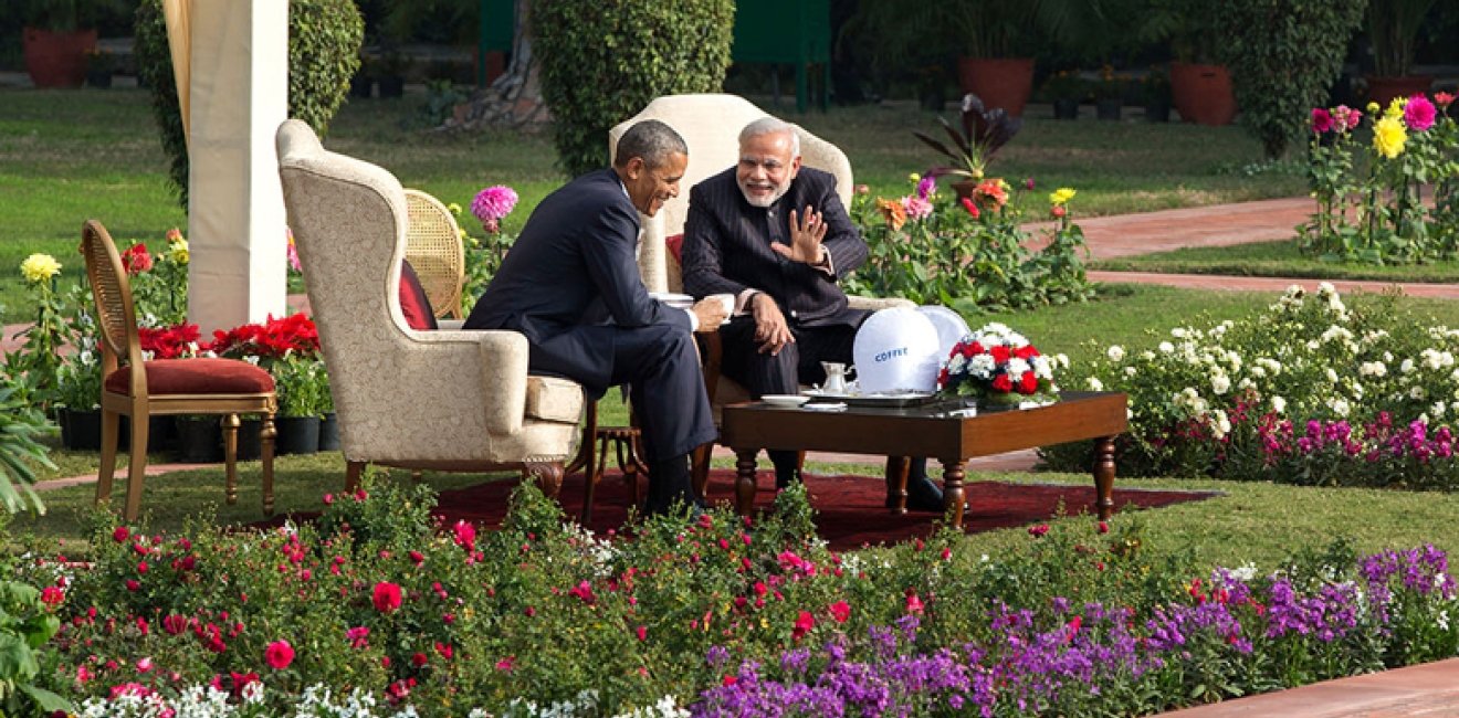 President Barack Obama and Prime Minister Narendra Modi have tea in the garden gazebo at Hyderabad House in New Delhi, India, Jan. 25, 2015. (Official White House Photo by Pete Souza)