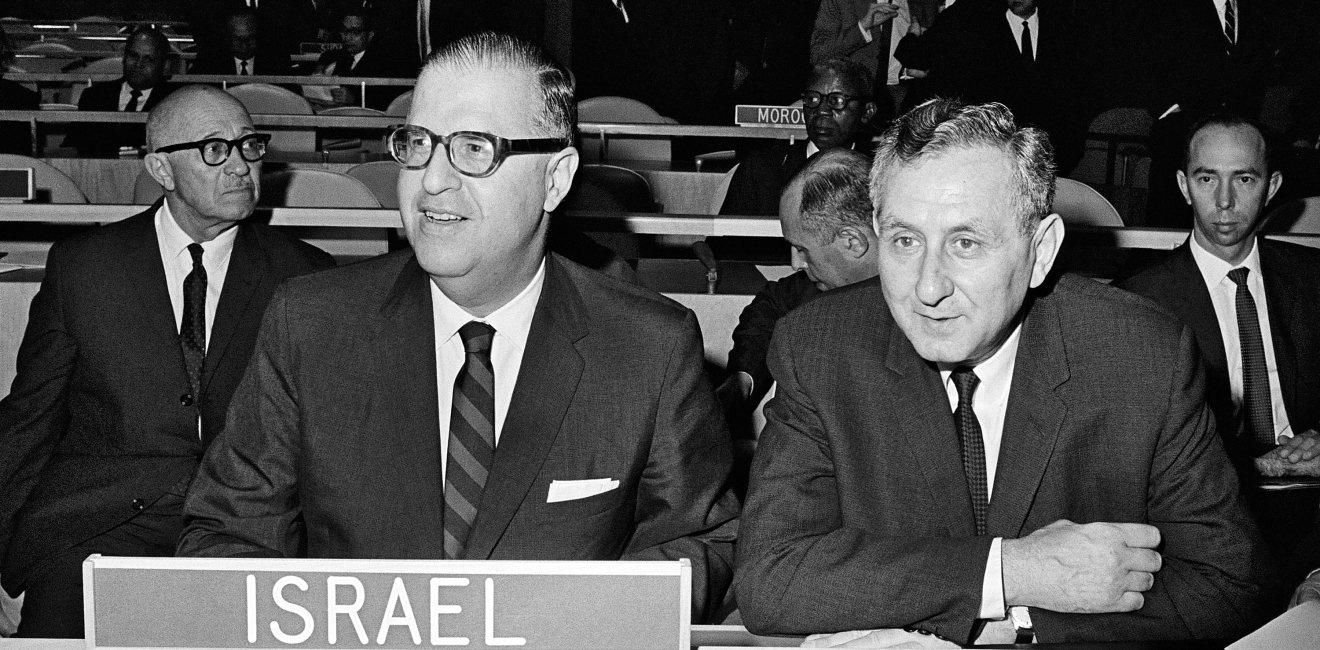 Israeli Foreign Minister Abba Eban (Left) and Permanent Representative of Israel to the UN Gideon Rafael debate during Fifth Emergency Special Session at UN, 1967. Source: UN Photo #147670