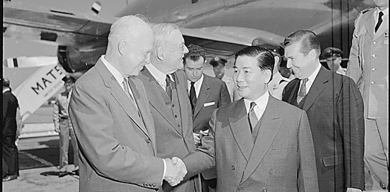 President Dwight D. Eisenhower and Secretary of State John Foster Dulles (from left) greet South Vietnam's President Ngo Dinh Diem at Washington National Airport. Source: National Archives.