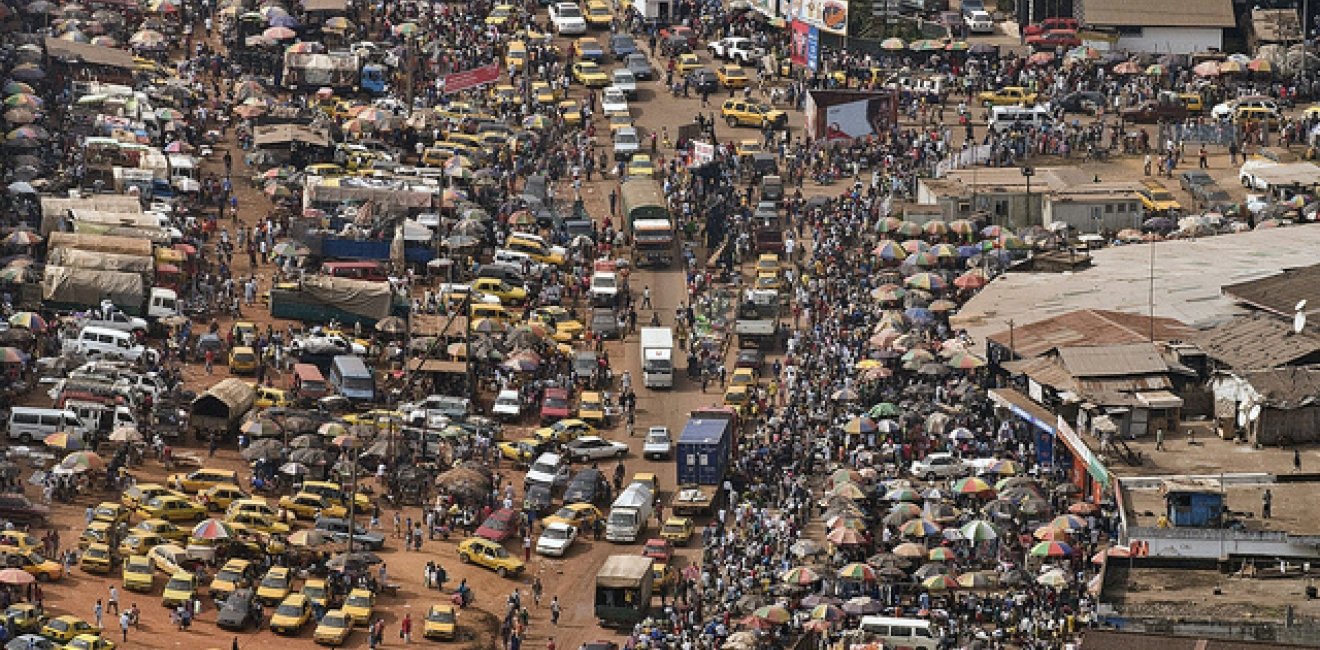 A view bustling downtown Monrovia by helicopter. Photo by UN capital city from a helicopter of the United Nations Mission in Liberia.