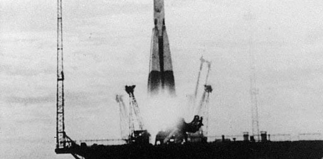 The Soviet satellite Sputnik 1 is launched aboard an ICBM on October 4, 1957.