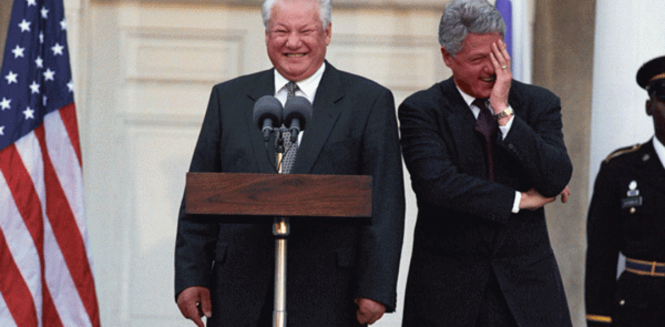 resident William J. Clinton and President Boris Nikolayevich Yeltsin delivering a joint press statement on the steps of Springwood, Franklin Delano Roosevelt's historic home in Hyde Park, New York. The image was photographed by Ralph Alswang.