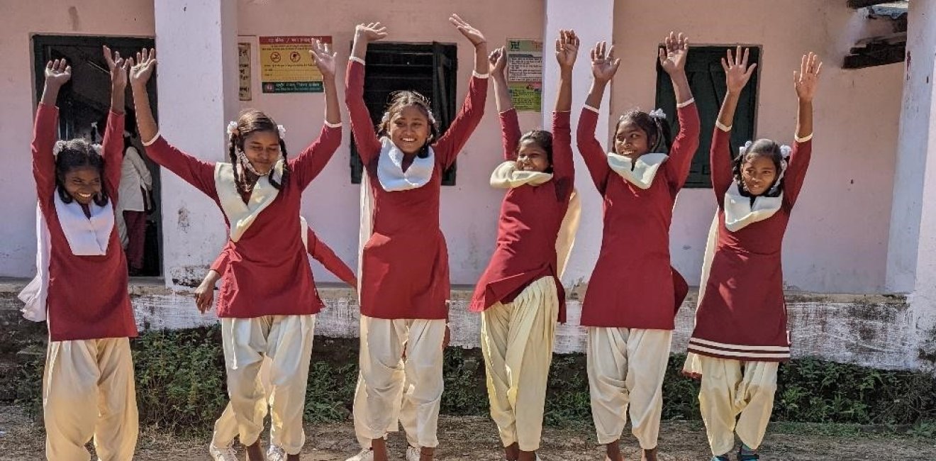 Rina, Manita, Pratima, Sabita, Sunita, and Poonam at their school in Angara, Ranchi in the Indian state of Jharkhand. Through the Ayushman Bharat School Health and Wellness Programme, girls are learning skills ranging from emotional well-being to mental health and maintaining a healthy lifestyle. 