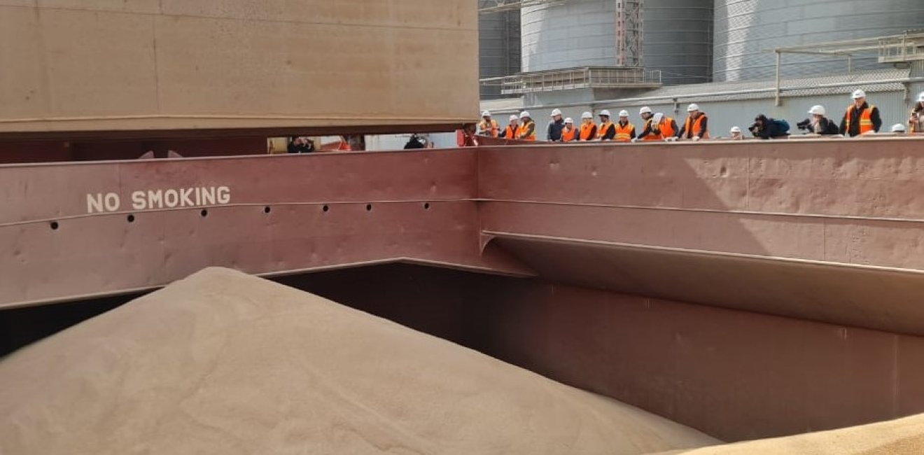 Grain loaded into a ship at the Odesa sea port