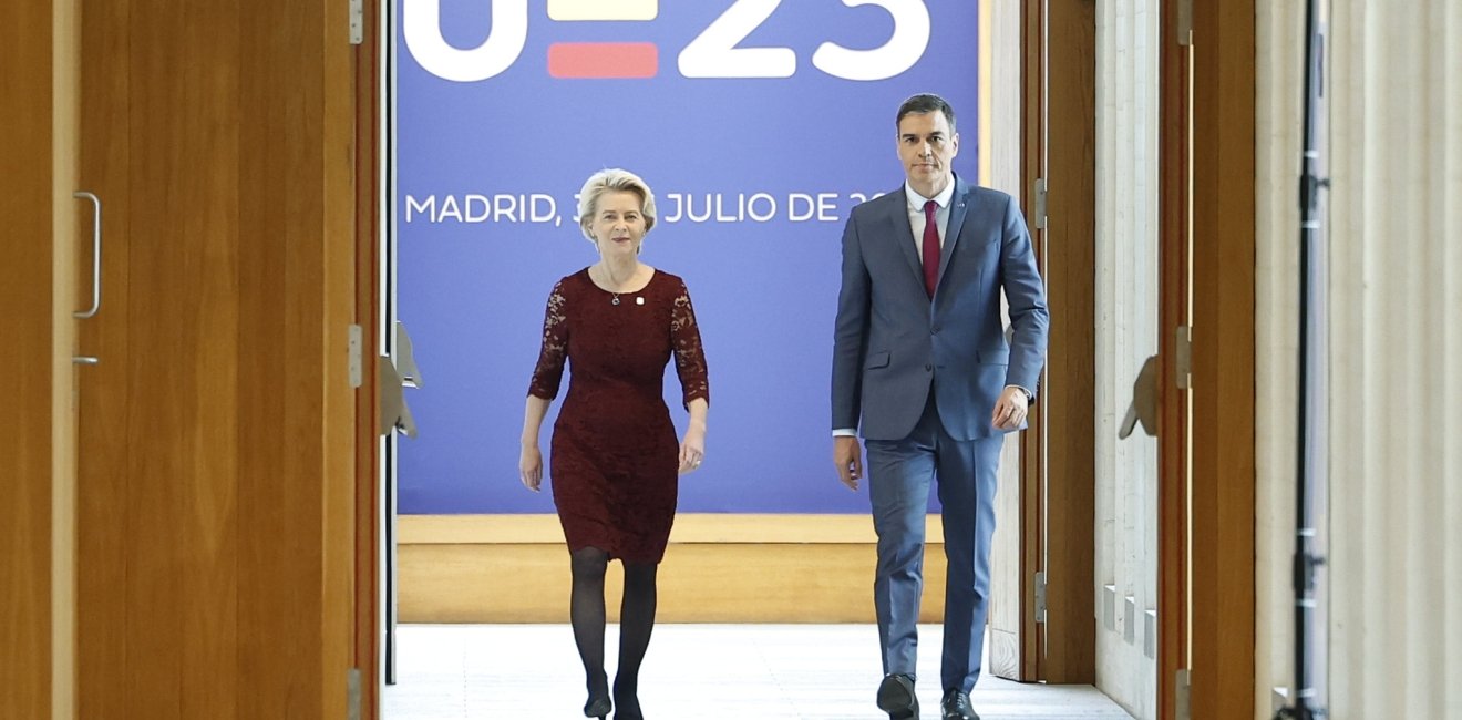 The President of the Government of Spain, Pedro Sanchez, and the President of the European Commission, Ursula von der Leyen attend a joint press conference on the occasion of the College of European Commissioners visit to Madrid, July 3, 2023. 