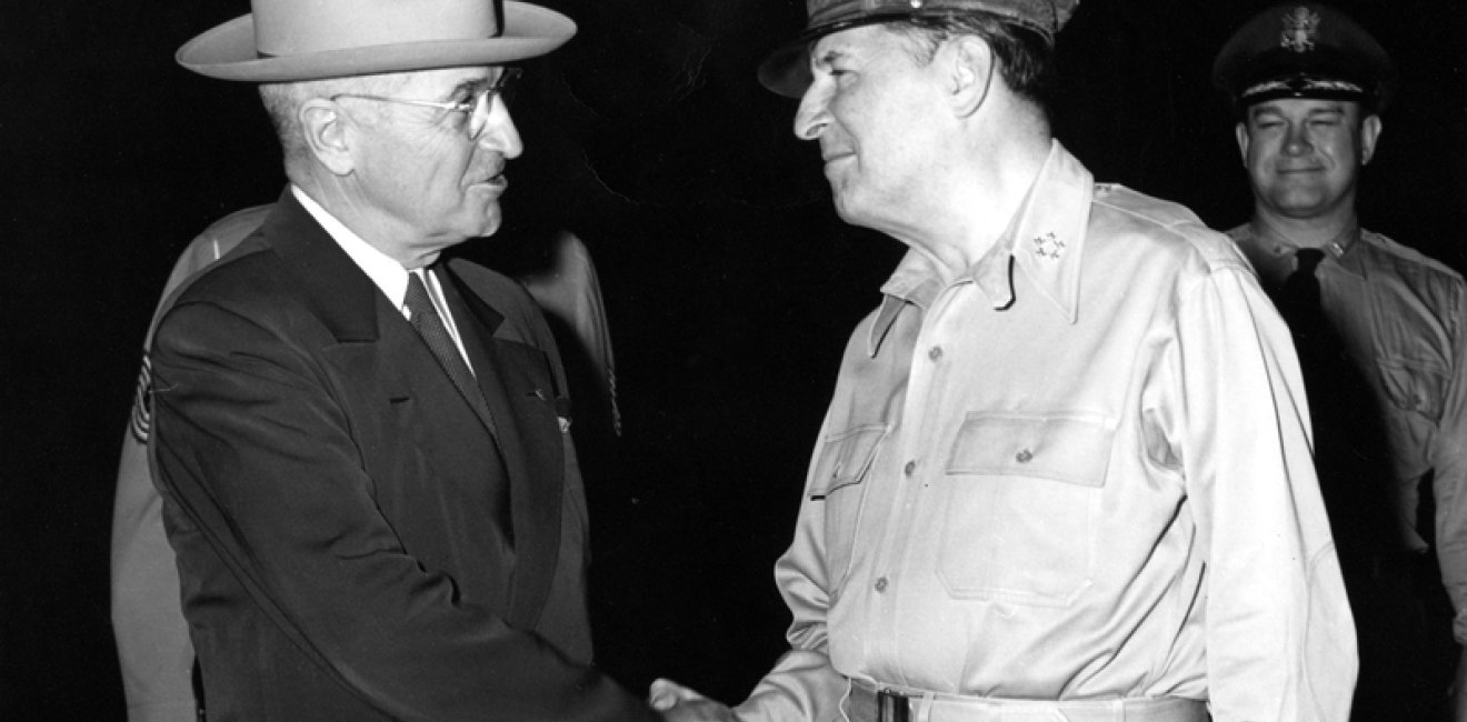 President Harry S. Truman and General Douglas MacArthur at President Truman's arrival at the Wake Island Conference, October 15, 1950.