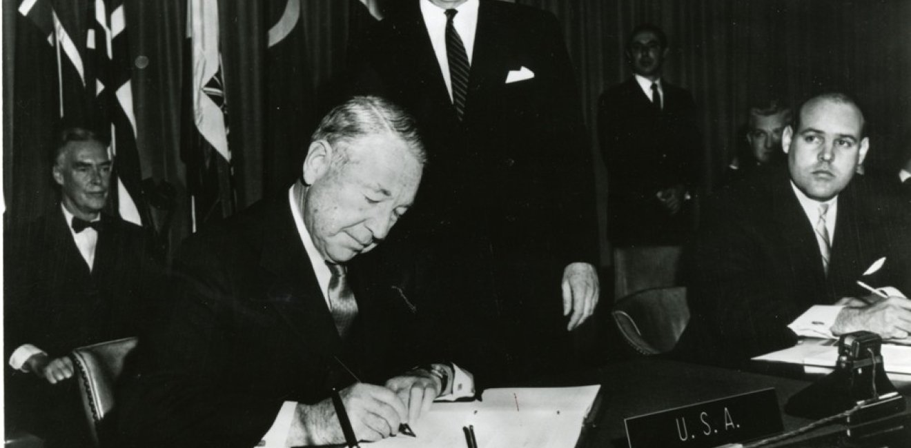 Herman Phleger signs the Antarctic Treaty on December 1, 1959. Source: ATS Image Bank,CC BY-NC-SA 3.0