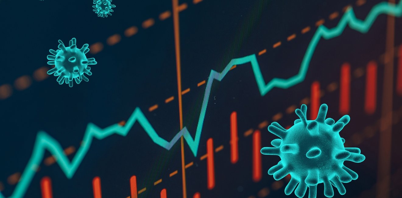 A graphic representing market flucuations and the coronavirus.