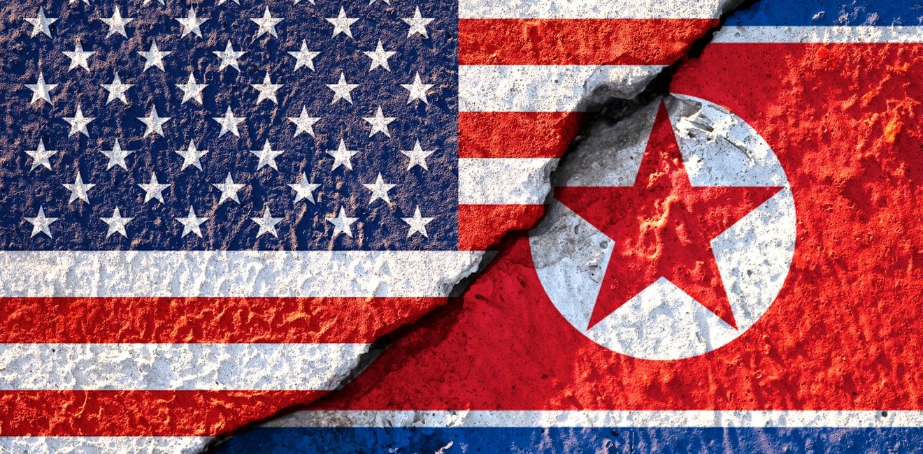 Flags of United States and North Korea.