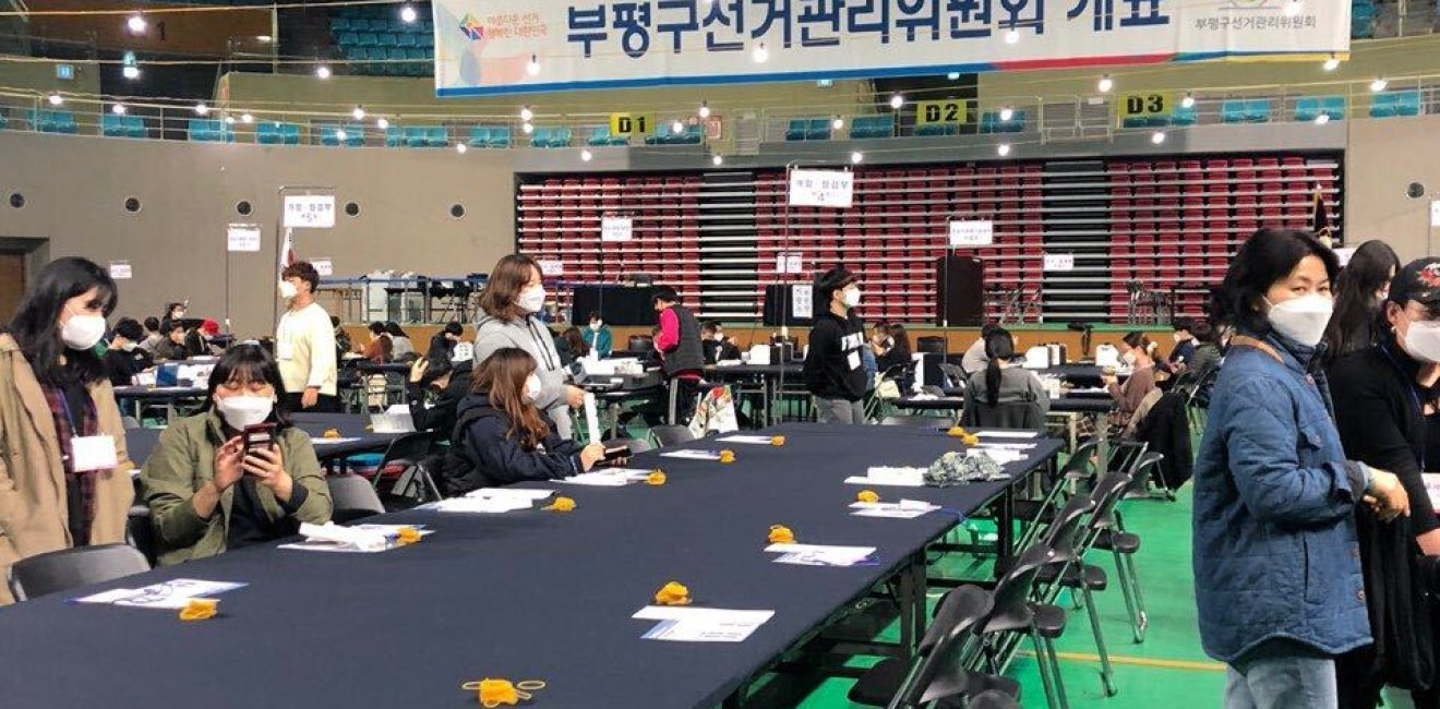 Voters at a polling station in South Korea on April 15, 2020.