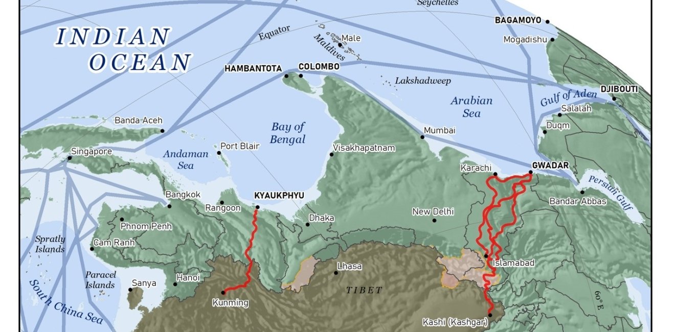 A map shows Gwadar port with red lines representing real and proposed infrastructure and blue lines representing major sea lanes.