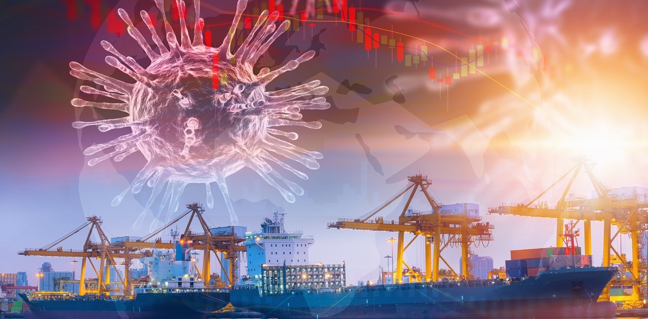 A financial graph and images of the coronavirus layered over a picture of container ships.