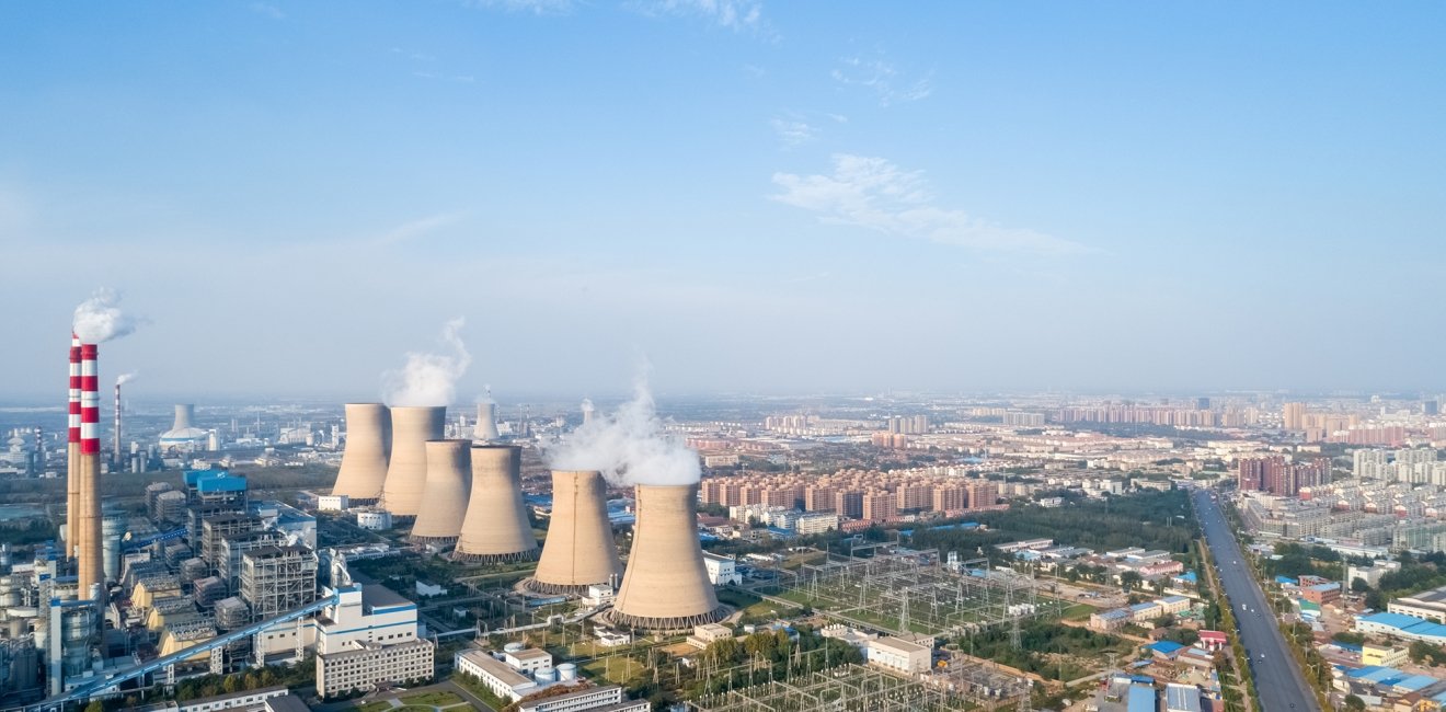 Aerial view of smokestacks at a thermal power plant.