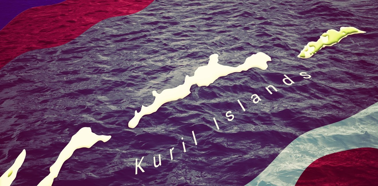 A graphic of the Kuril Islands in the ocean with the flags of Russia and Japan superimposed