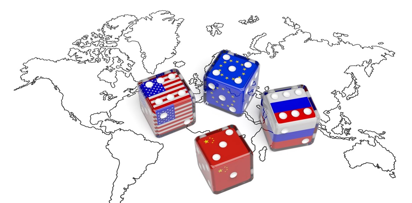 A  map of the world with dice representing the flags of the U.S., the EU, China, and Russia