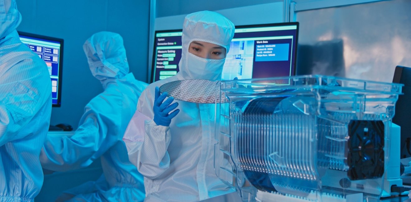 A woman in a clean suit holds up a silicon wafer in a laboratory.