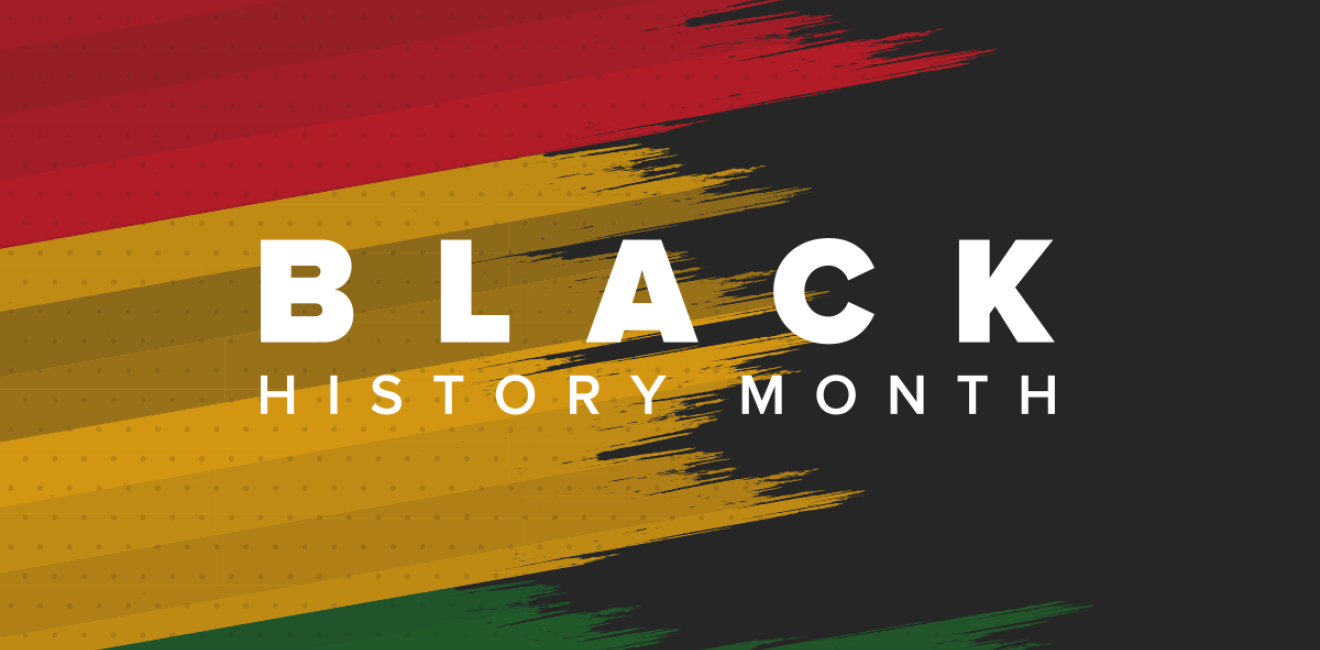 "Black History Month" in white text on top of red, yellow, and green brush strokes