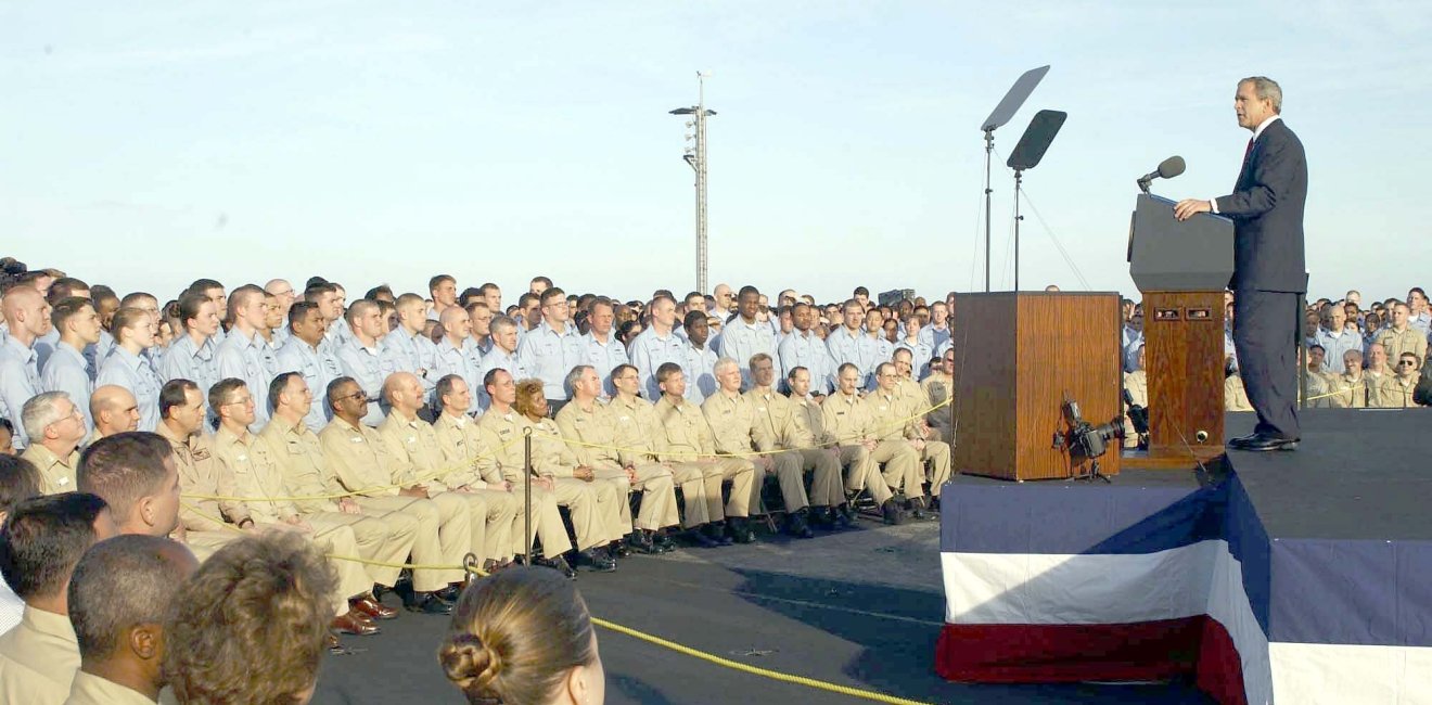 George Bush speaking to sailors aboard the USS Abraham Lincoln, May 1, 2003