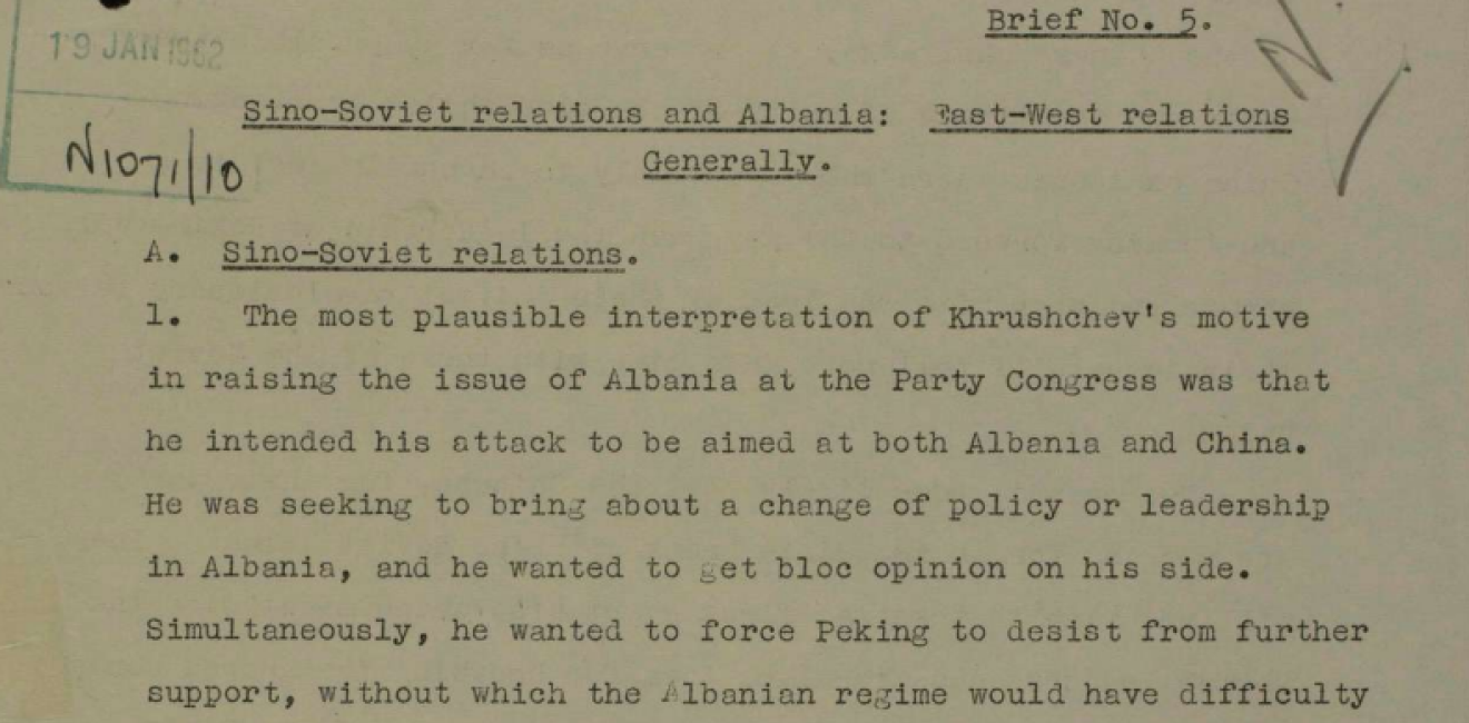 A British Foreign Office brief describing the Sino-Soviet split as well as Albania's international relations.