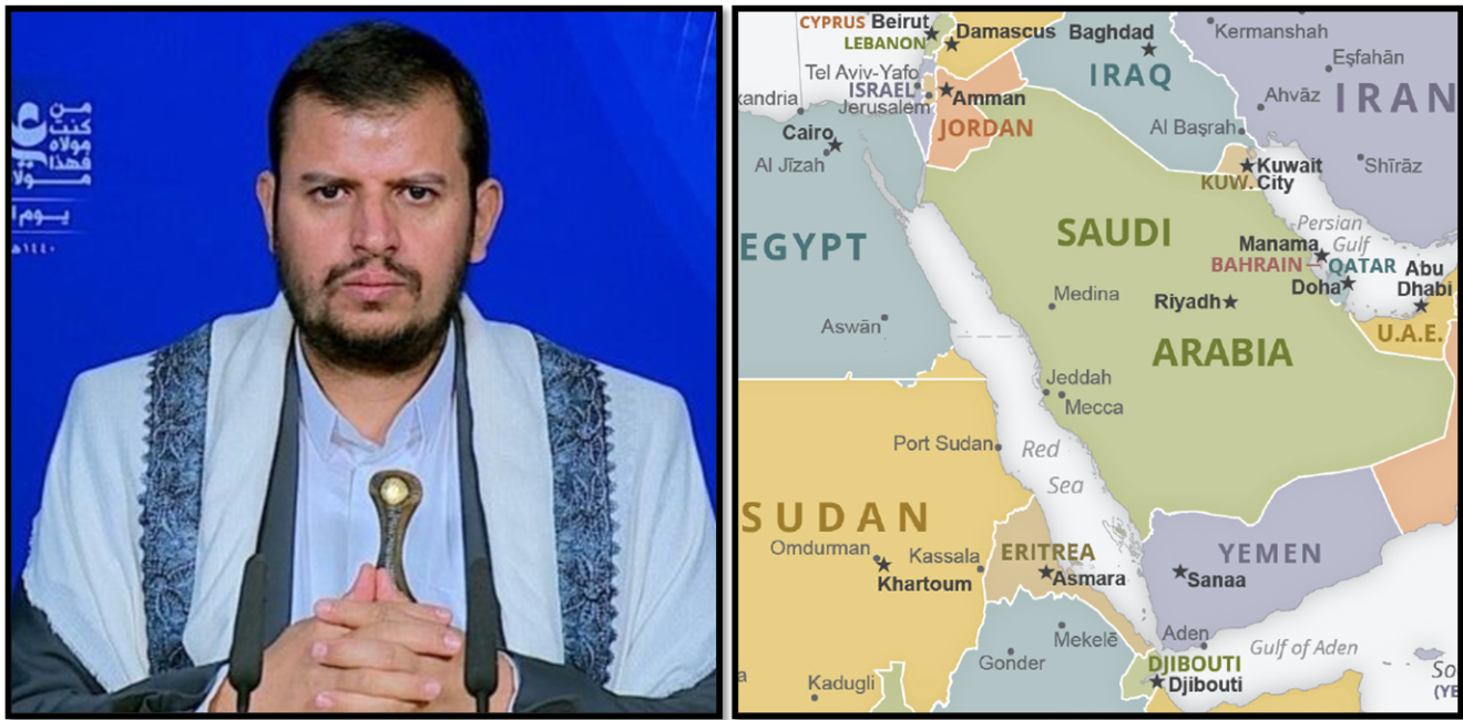 Yemen map and Houthi leader