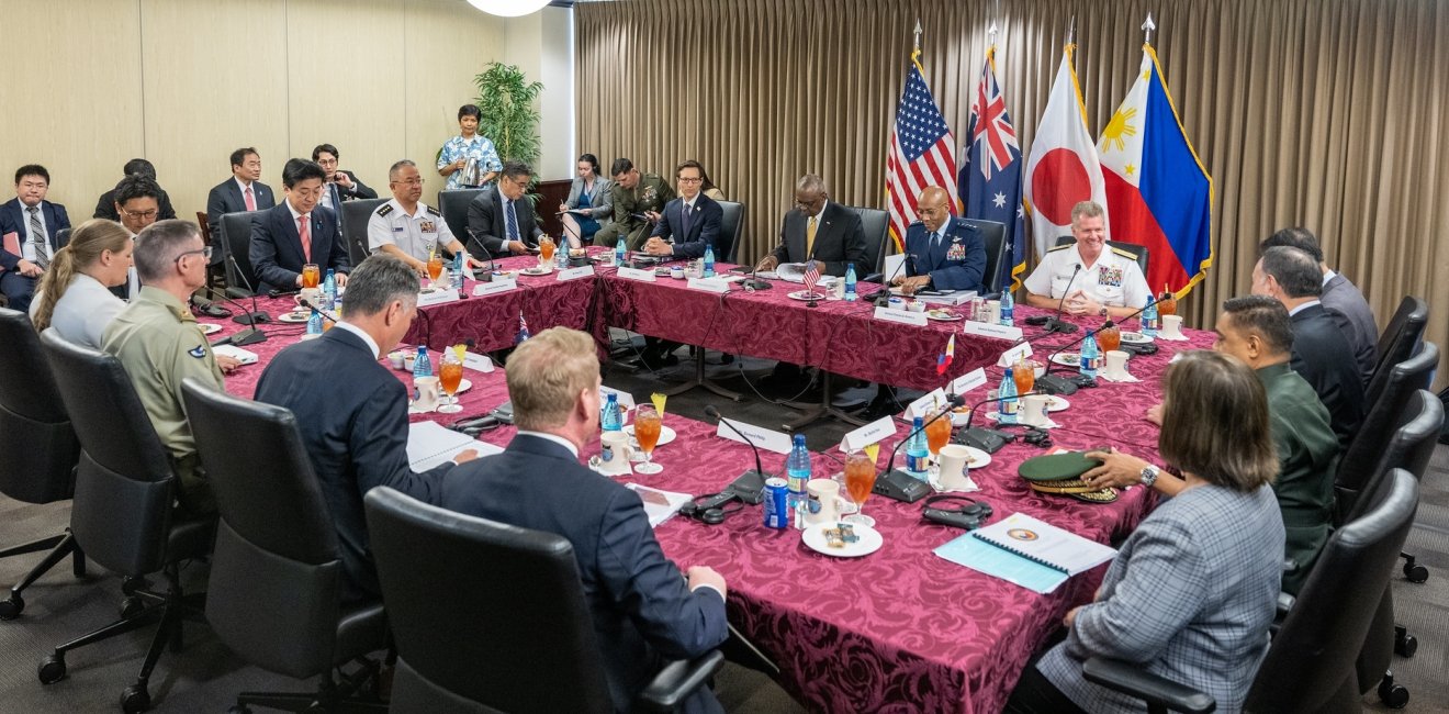 U.S. Secretary of Defense Lloyd Austin III, Australian Deputy Prime Minister and Minister for Defence Richard Marles, Japanese Minister of Defense Kihara Minoru, and Secretary of National Defense of Philippines Gilbert Teodoro conduct a multilateral meeting at U.S. Indo-Pacific Command headquarters, Camp H.M. Smith, Hawaii, May 2, 2024. 