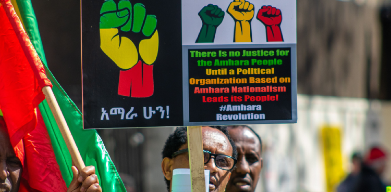 Protesters gather in London in response to the Amhara conflict on May 20, 2023.