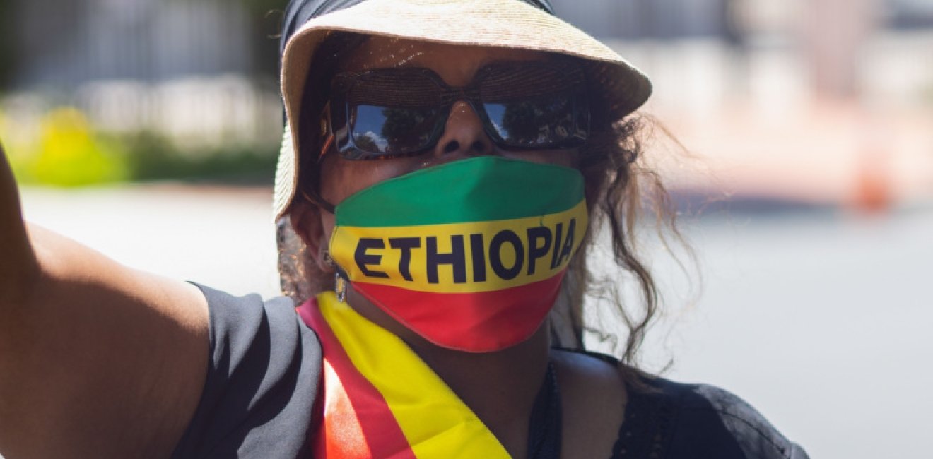 Protester gathers outside the Ethiopian Embassy in Washington, D.C.