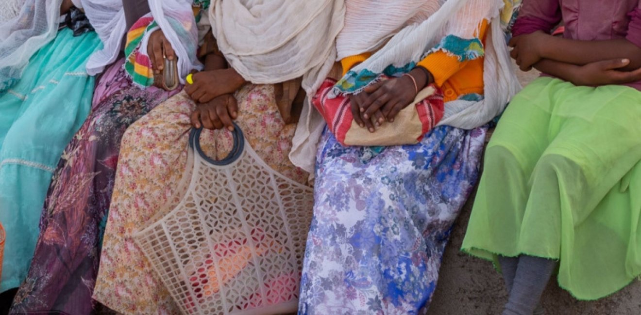 Tigray women resting in street market in center of Aksum