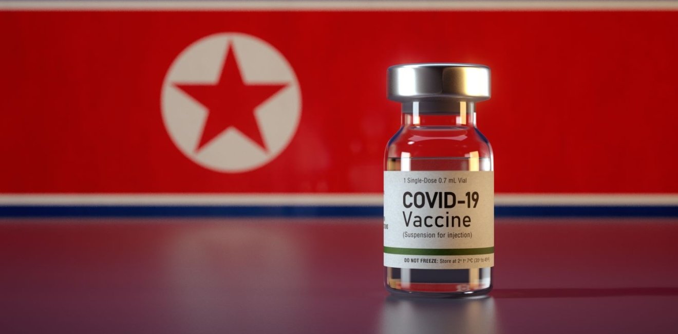 A vial of Covid-19 Vaccine sits in front of the flag of North Korea.