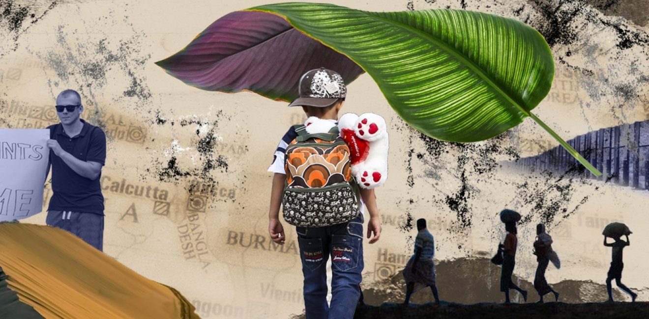 Collage that includes people holding a sign, a large leaf, and people travelling