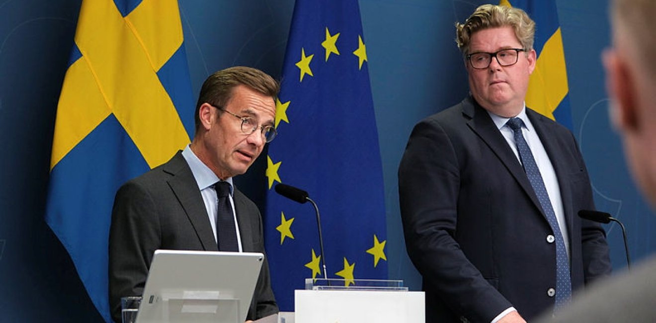 Sweden’s Prime Minister Ulf Kristersson and Minister of Justice Gunnar Strömmer giving a press briefing on Sweden's handling of the recent Quran desecrations in Stockholm, Sweden on August 1 2023.