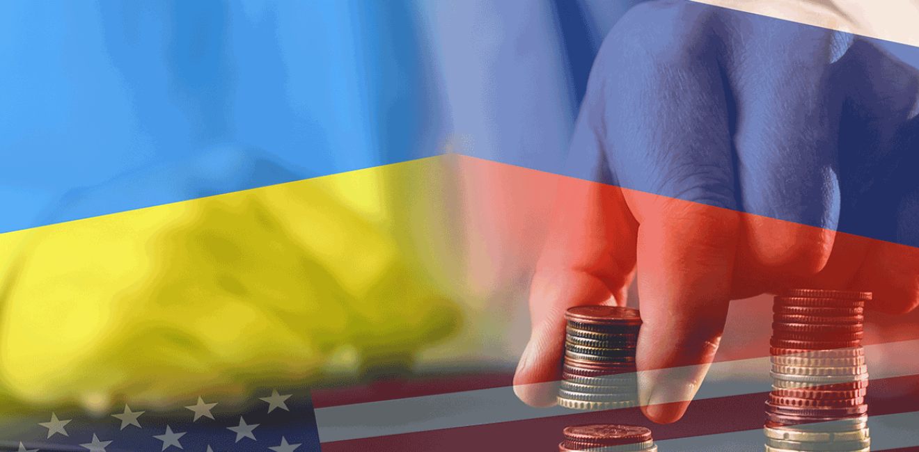 Russian Ukrainian and US Flags with coins