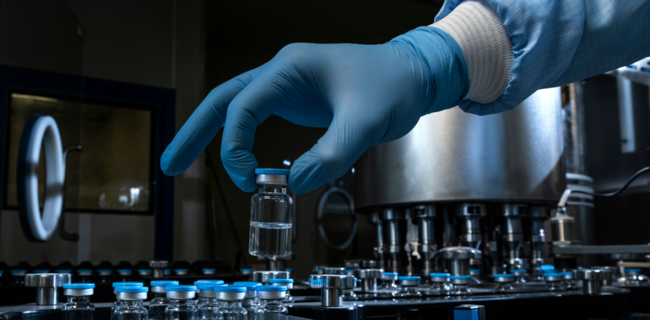 A gloved hand places a vial of medicine in a row