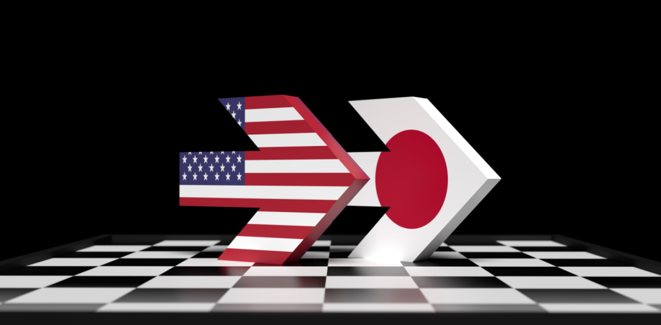 Arrows with American and Japanese flags moving in the same direction