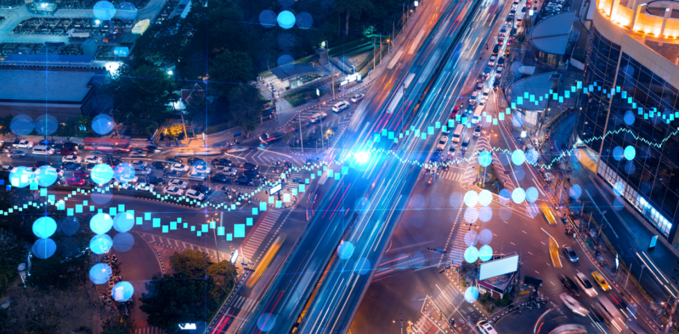 Stock market chart overlaid on a busy intersection