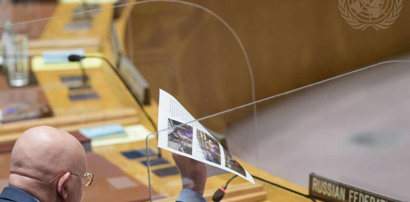 Vassily Nebenzia, Permanent Representative of the Russian Federation to the United Nations, addresses the Security Council meeting on threats to international peace and security. 