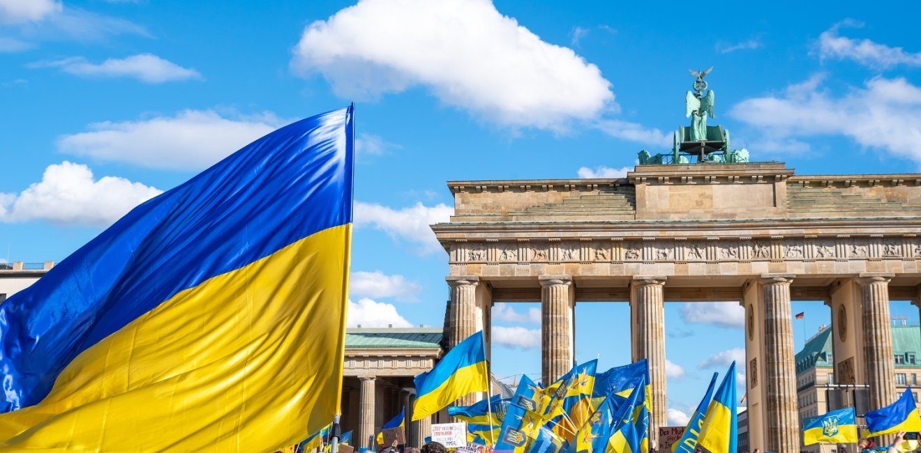 Ukrainian flags in front of the Brandenberg Gate in Berlin