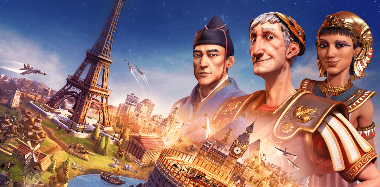 Image from the presskit for the game Civilization 6. Shows 3 leaders from the game, as well as monuments such as the Eiffel Tower.