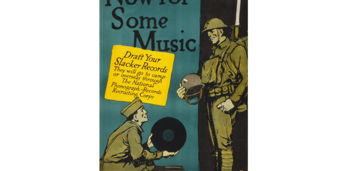 Poster by Charles Buckles, World War I soldier about to play a record, titled 'Now for some music', by Charles Buckles, ca 1917.