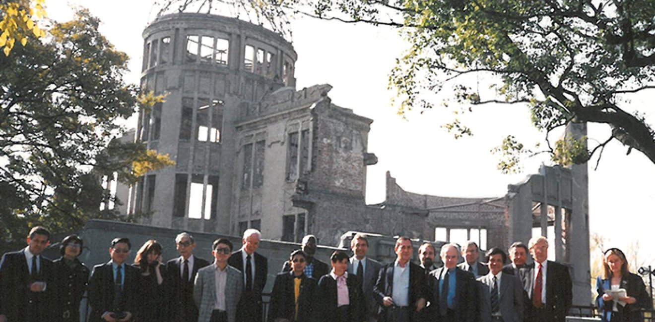 Members of the Programme for Promoting Nuclear Nonproliferation (PPNN) at the A-Bomb Dome, Hiroshima Peace Memorial Park, Japan, 1992.