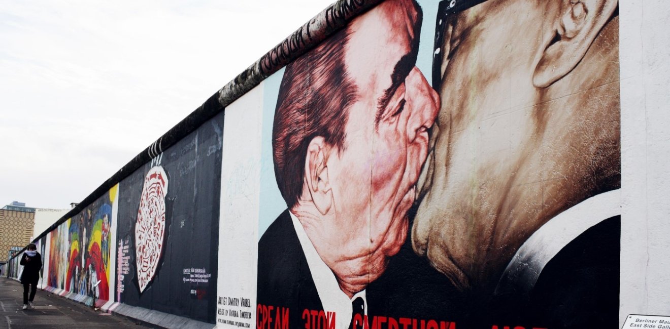 Mural of kiss between Brezhnev and Honecker on the Berlin Wall.